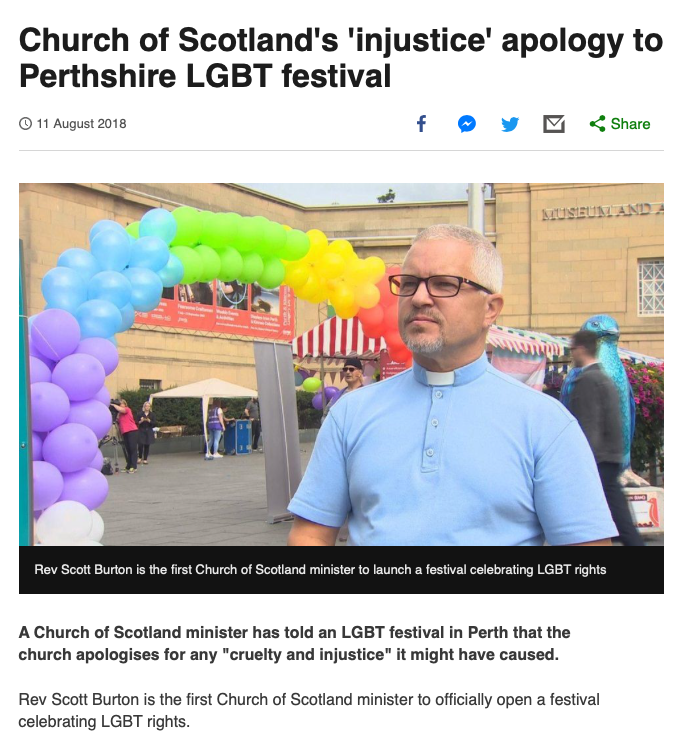 11 August 2018 - BBC News article about a Church of Scotland minister apologising for any "cruelty and injustice" it might have caused.