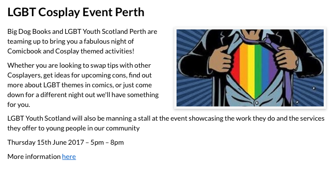 LGBT Cosplay Event in Perth - with Big Dog Books and LGBT Youth Scotland Perth